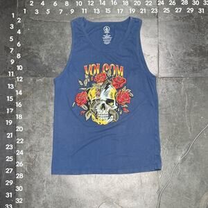 Volcom Men's Skull and Roses Graphic Tank Top in Blue